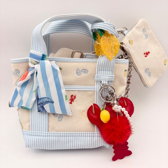 Madden Girl Handbags - Madden Girl Nautical Canvas Mini Tote Bag Lobster Oyster Lemon‎ Embroidery Blue
